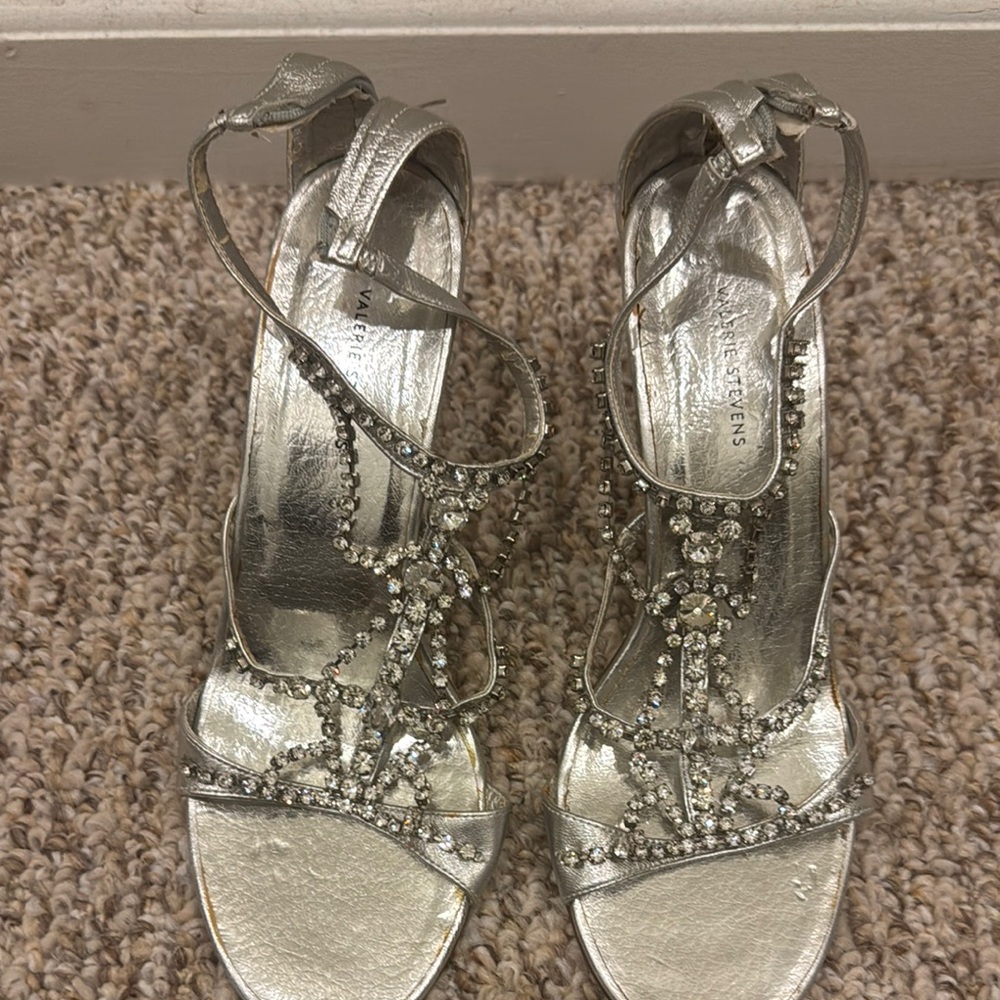 Valerie Stevens Silver Strappy Heels with Rhinestone Embellishments